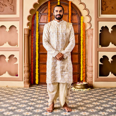 Men's Cream Tissue Benarasi Jacquard Kurta Dhoti And Dupatta Set