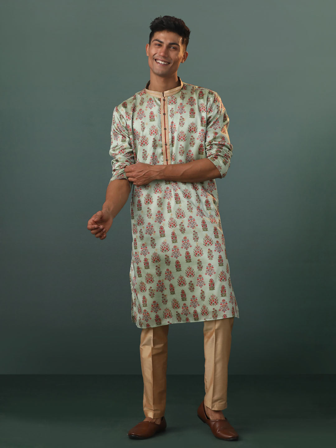 Men's Aqua And Rose Gold Silk Blend Kurta Pyjama Set