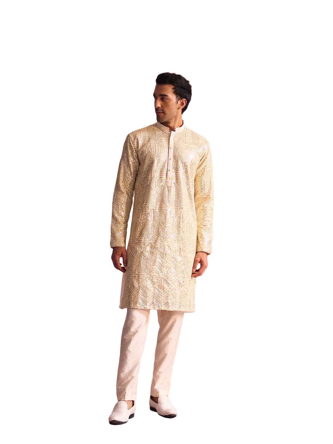 Men's Cream Georgette Kurta Pyjama Set