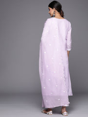 Women Lavender Embroidered A-Line Empire Kurta Paired With Tonal Bottom And Tonal Embroidered Dupatta