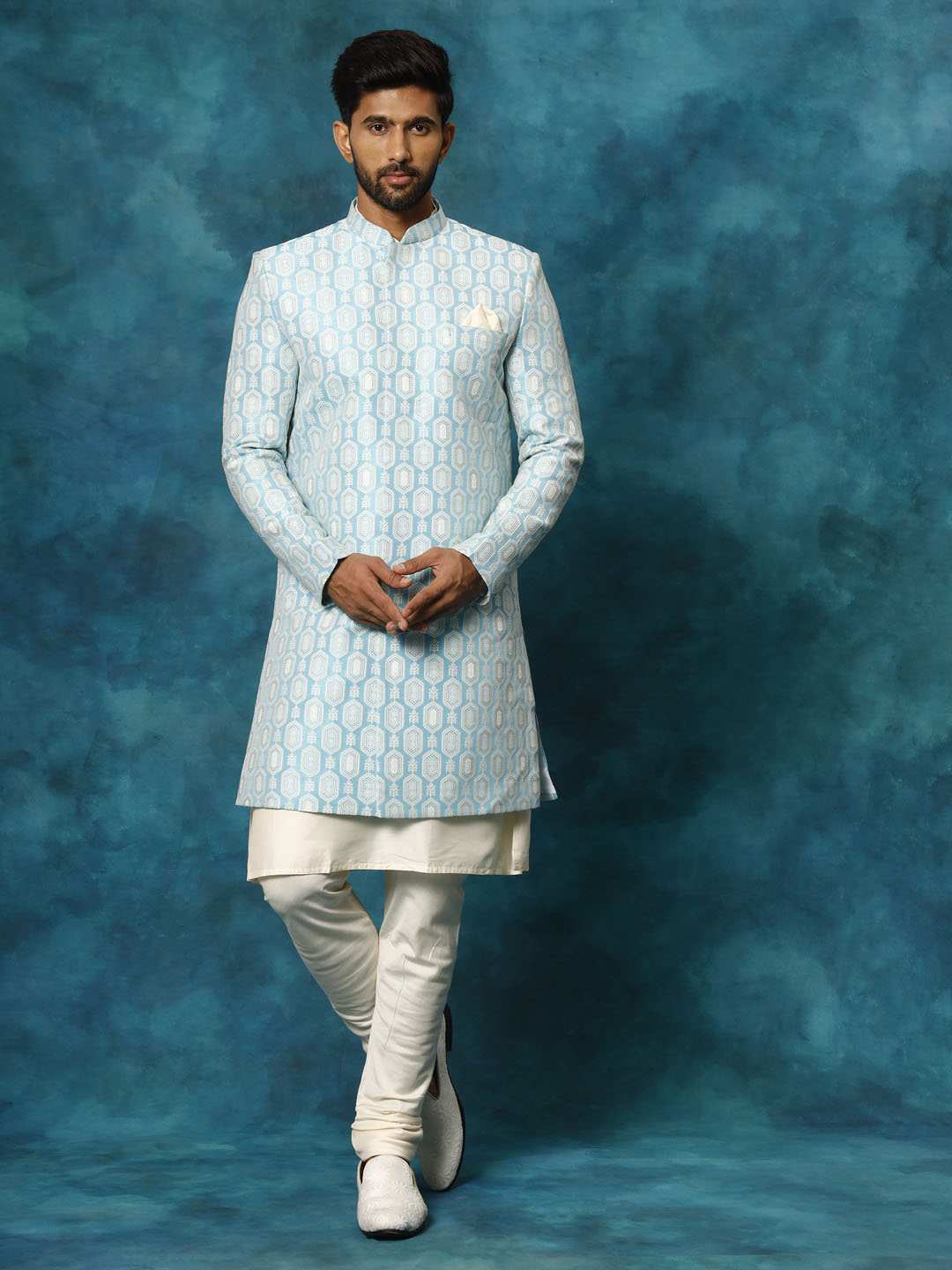 Men's Blue Silk Blend Sherwani Only Top