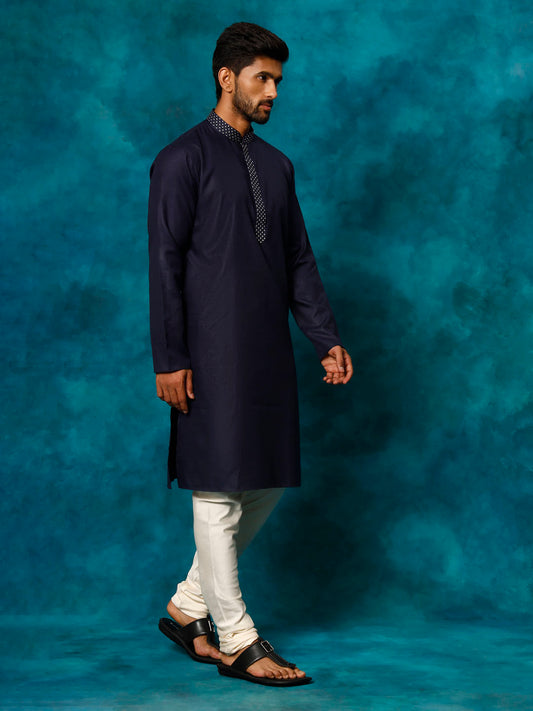 Men's Navy And Cream Cotton Blend Kurta Pyjama Set