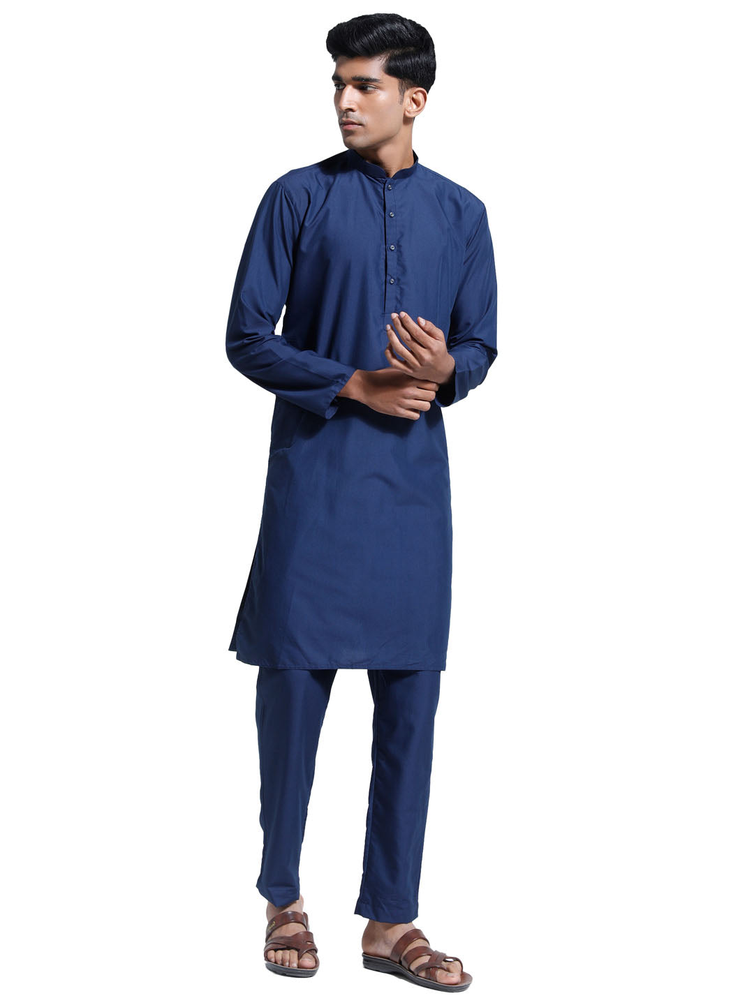 Men's Navy Blue Cotton Silk Kurta And Pyjama Set