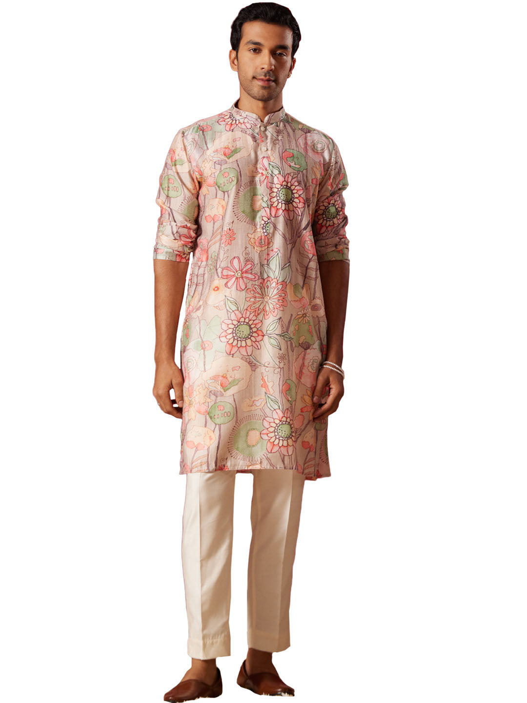 Men's Multi color Base Cream Cotton blend Kurta Pyjama Set