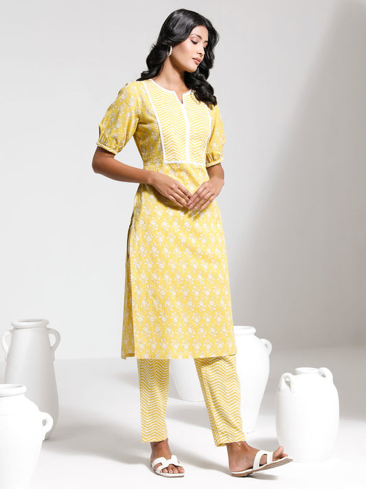 Women's Yellow And White Kurta Set