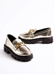 Shoetopia Smart Casual Chain Detailed Golden Loafers For Women & Girls