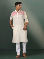 Men's Cream And Red Cotton Kurta