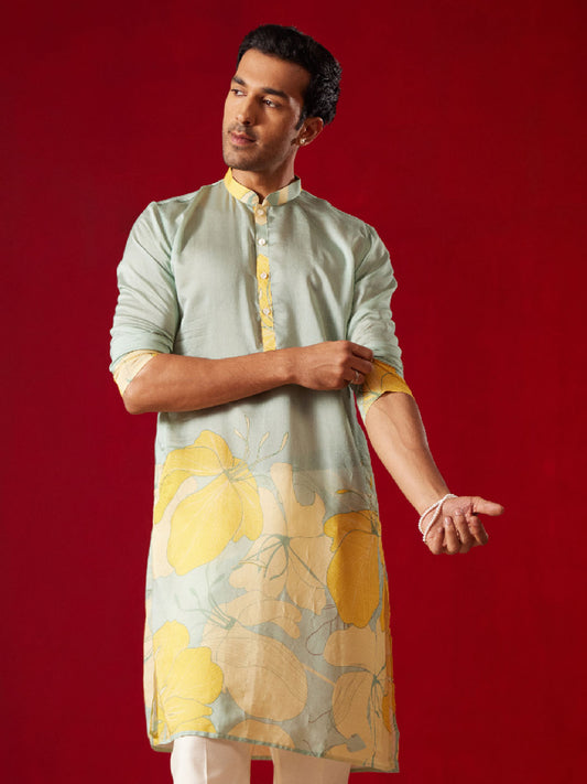 Men's Multi Color Base Yellow Cotton blend Kurta