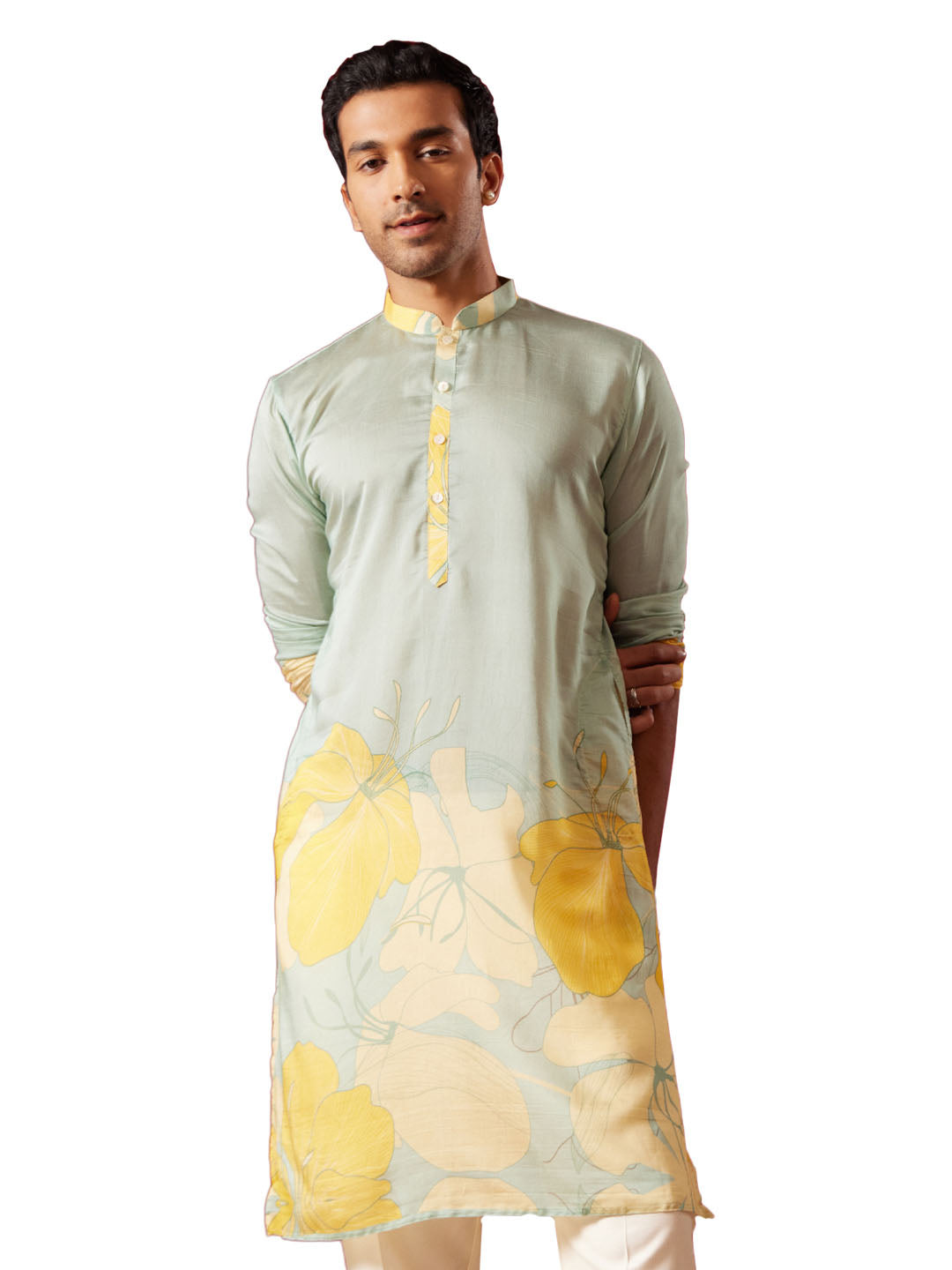 Men's Multi Color Base Yellow Cotton blend Kurta