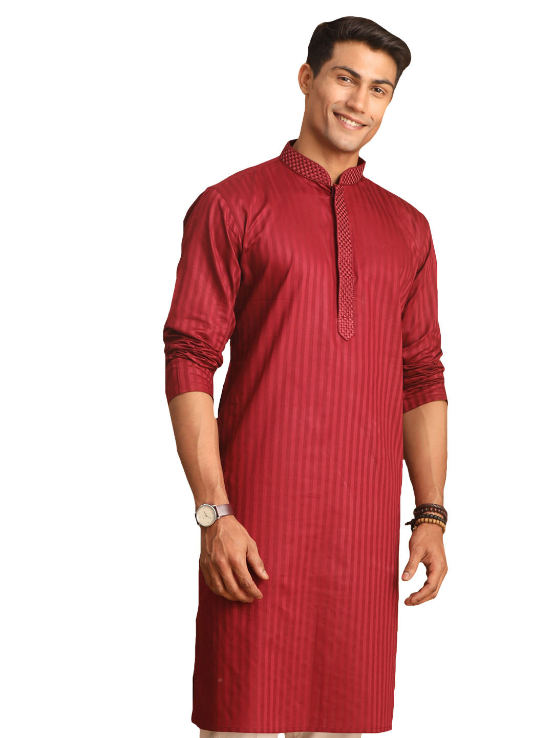 Men's Maroon Cotton Blend Kurta