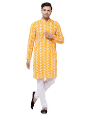 Men's Orange And White Pure Cotton Kurta Pyjama Set