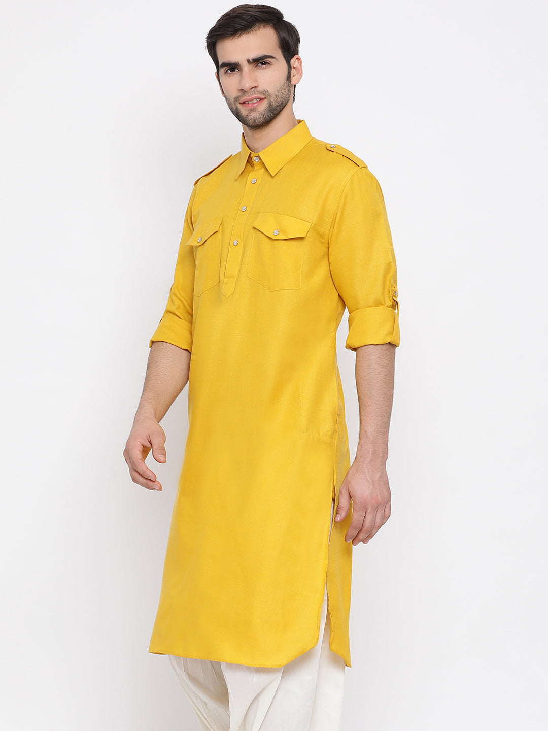 Men's Mustard Cotton Blend Pathani Kurta