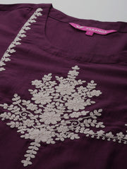 Women Violet Embroidered Short Straight Tunic With Embroidered Bottom