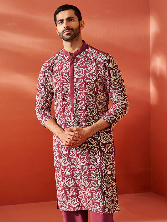 Men's Maroon Georgette Kurta