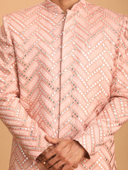 Men's Pink And Cream Silk Blend Ethnic Combo Set