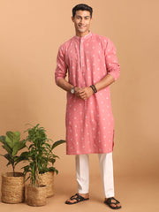 Men's Pink And White Cotton Kurta And Pyjama Set