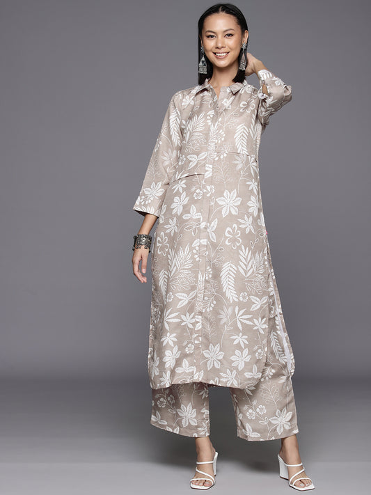 Women Grey Shirt Collar Side Slit Tunic With Tonal Printed Bottom