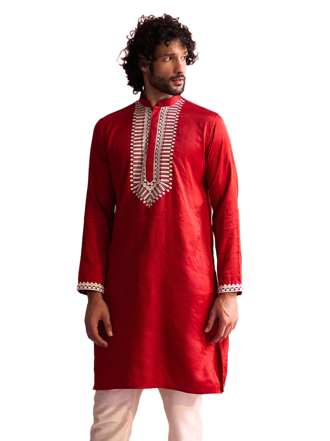 Men's Red Moonga Silk Kurta