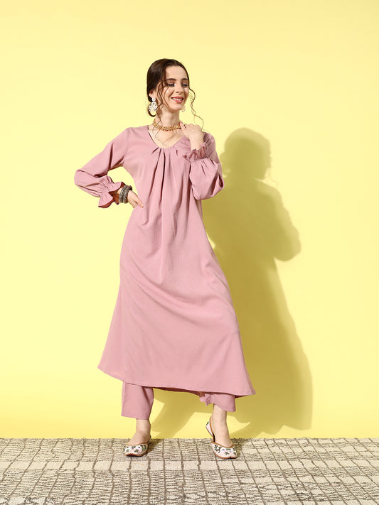 Kalini Women Mauve Colour, Bishop Sleeve A-Line Kurta Paired With Tonal Bottom