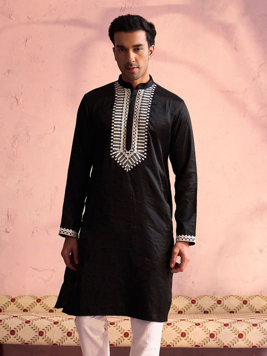 Men's Black Moonga Silk Kurta