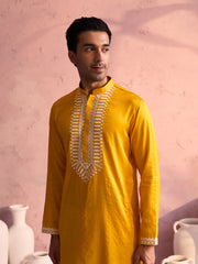 Men's Yellow And Cream Moonga Silk Kurta Pyjama Set