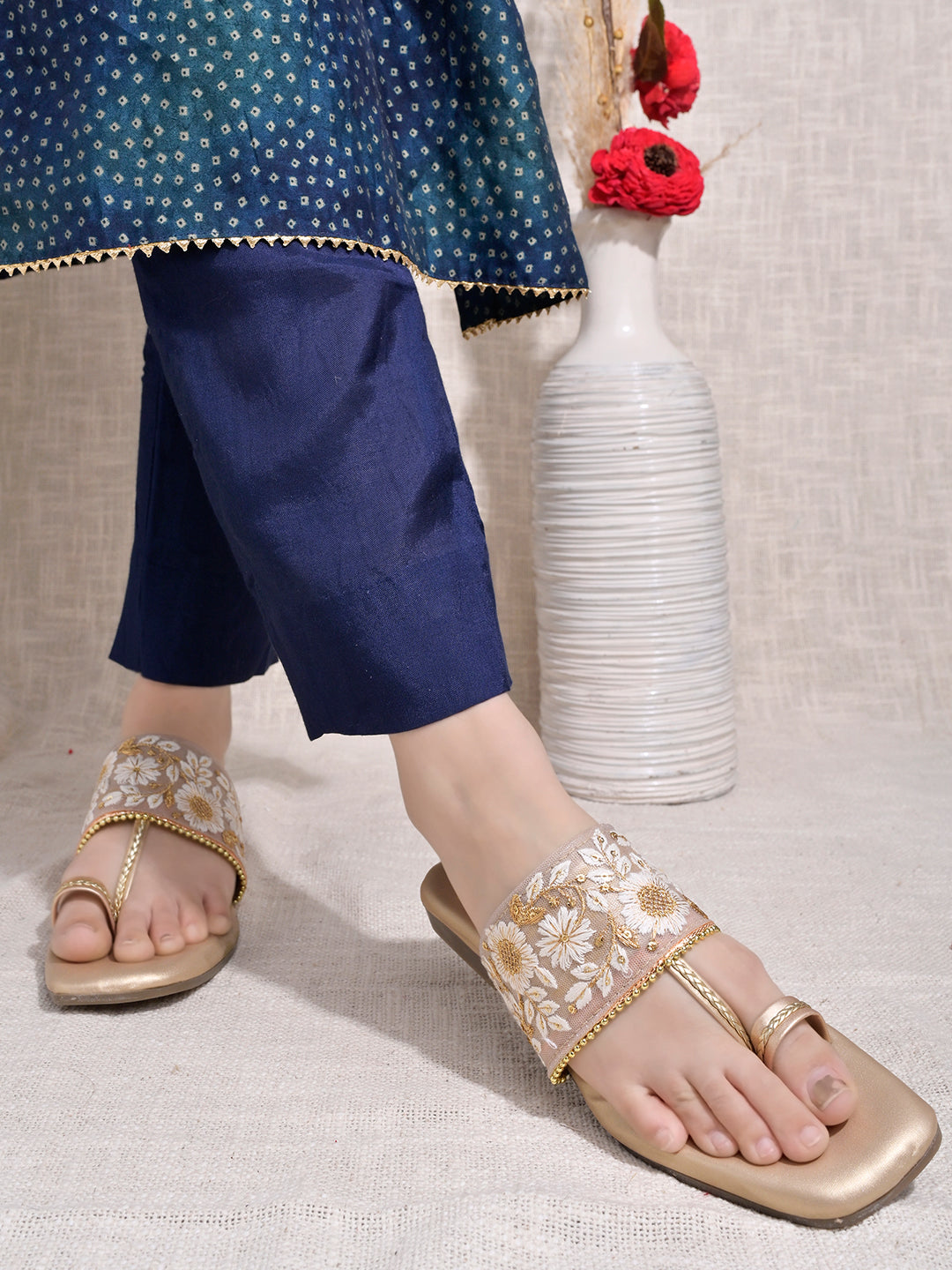 Shoetopia Embellished Golden Kolhapuri Flats For Women & Girls