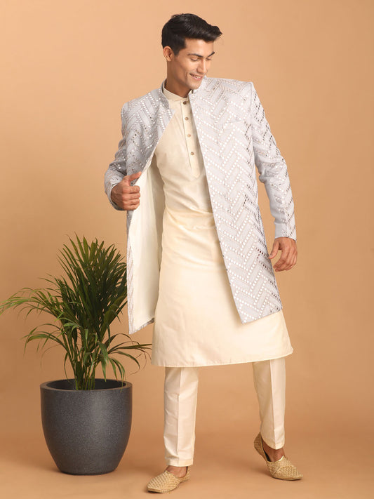 Men's Aqua And Cream Silk Blend Ethnic Combo Set