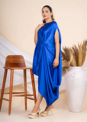 Women Stylist Blue Side Knot Assymetric Satin Cowl Dress