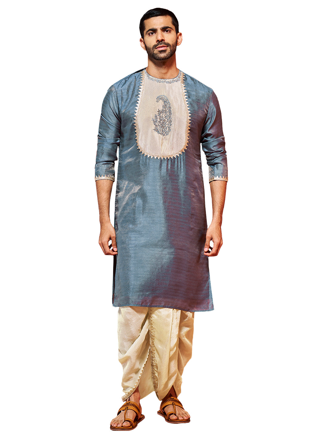 Men's Gray Silk Blend Kurta And Dhoti Set