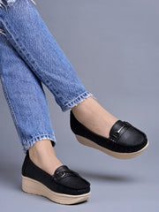 Shoetopia upper Bow Detailed Black Loafers For Women & Gilrs