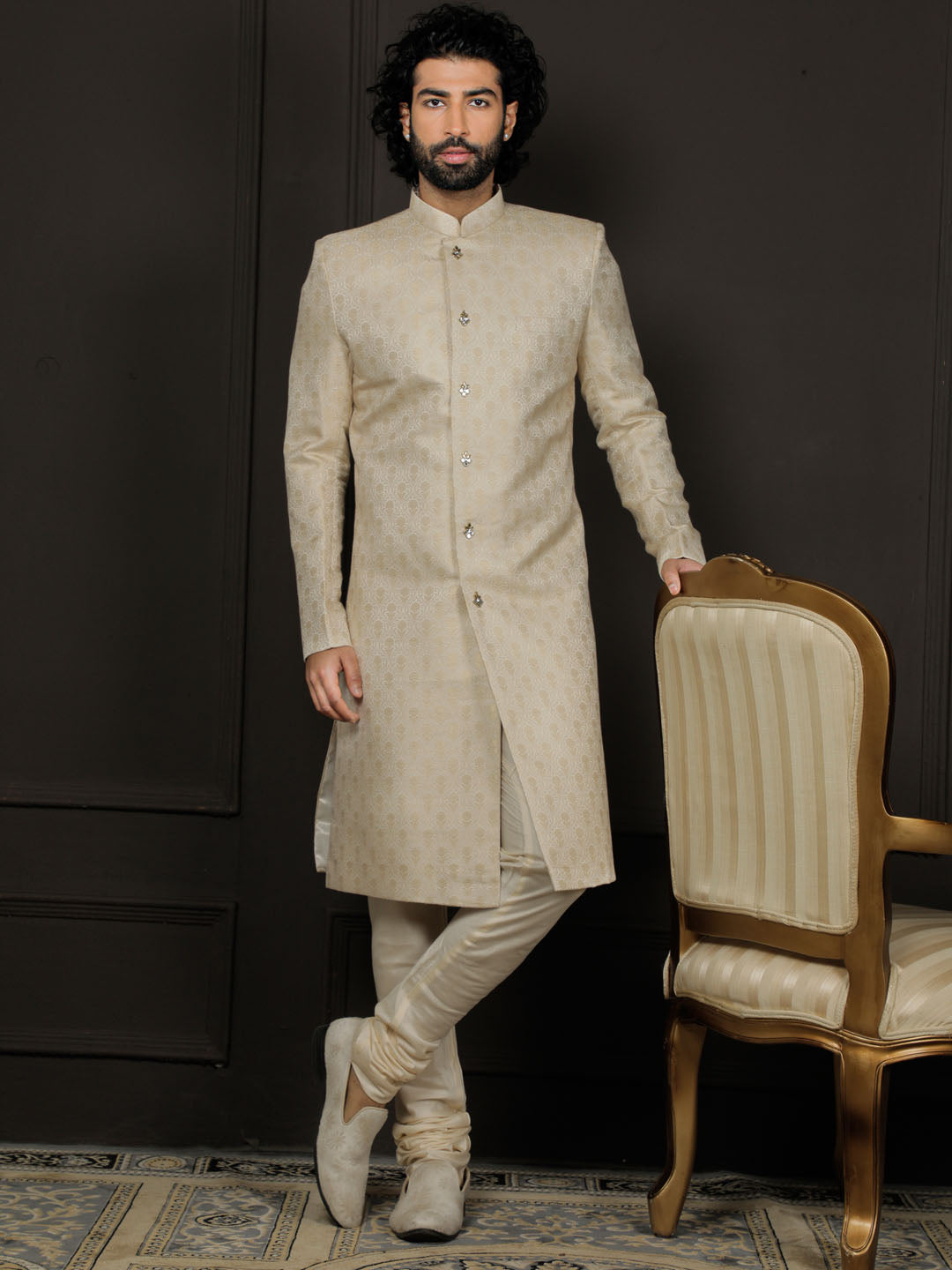 Men's Gold And Cream Silk Blend Sherwani Set