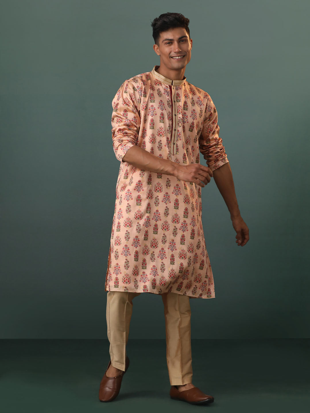 Men's Peach And Rose Gold Silk Blend Kurta Pyjama Set