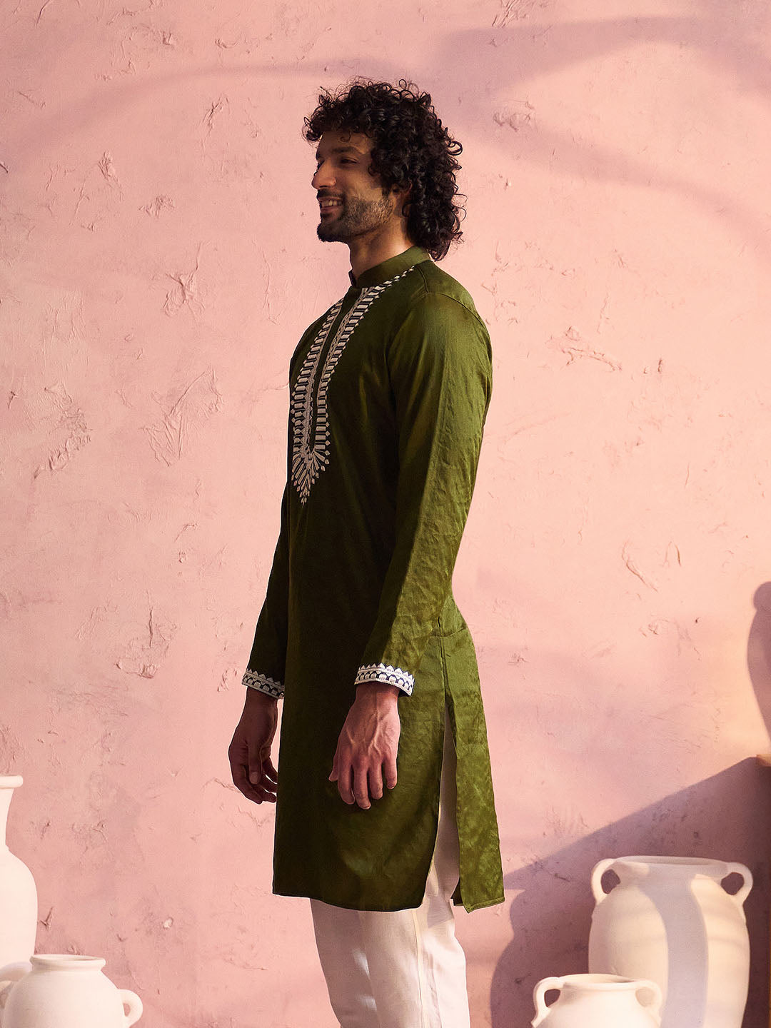 Men's Mehendi Green Moonga Silk Kurta