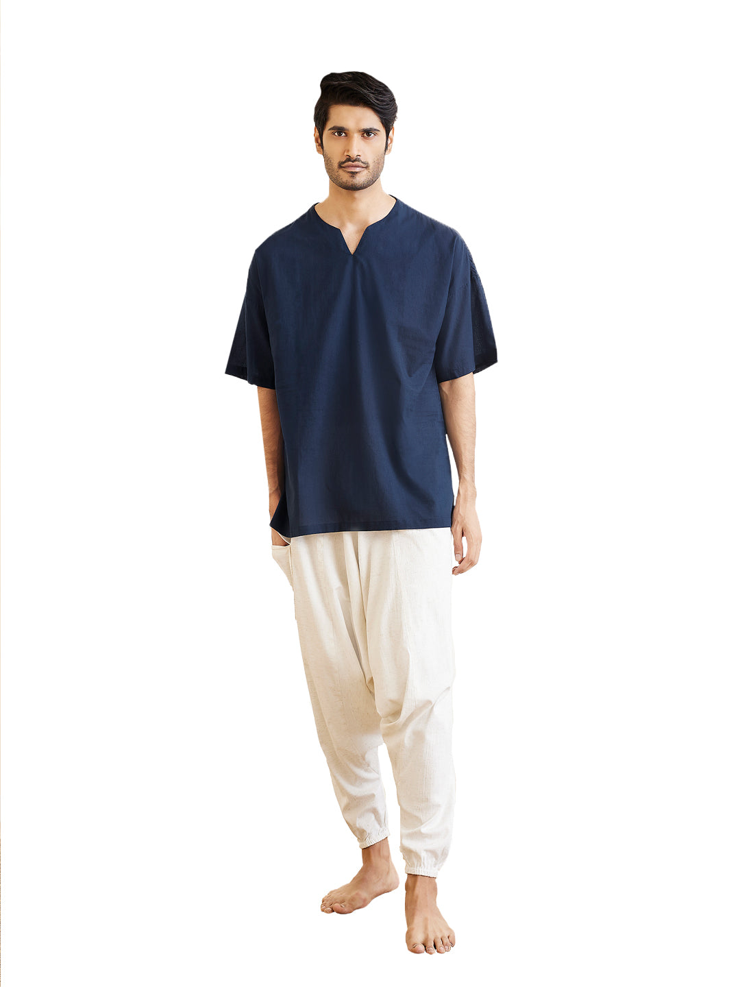 Men's Navy Blue And White Cotton Kurta Pyjama Set