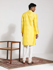 Men's Yellow And Cream Silk Blend Kurta Pyjama Set