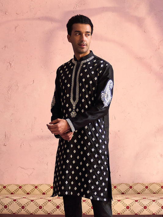 Men's Black Moonga Silk Kurta