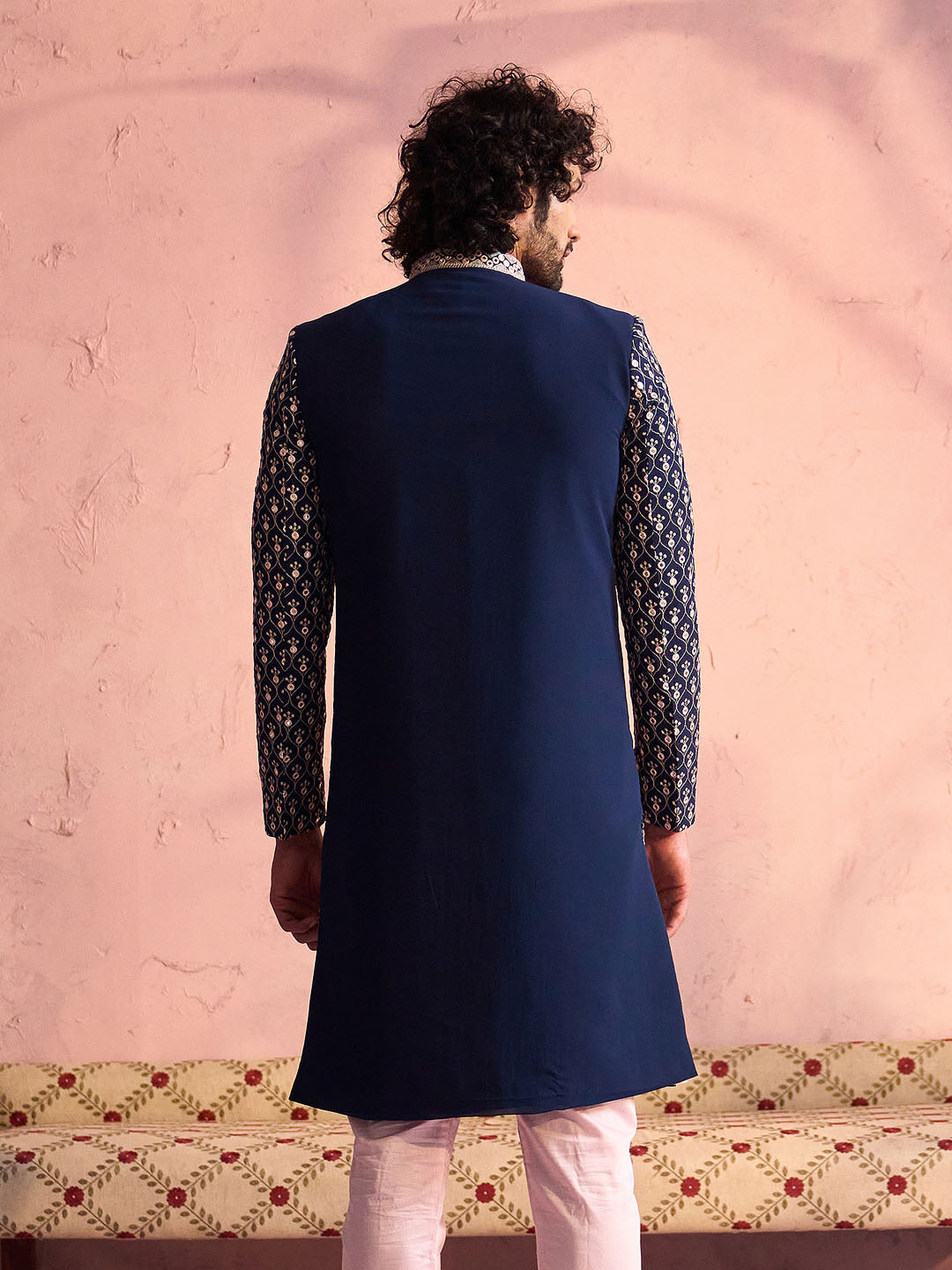 Men's Navy Blue And Pink Georgette Sherwani Only Top