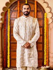 Men's Cream Tissue Benarasi Jacquard Kurta