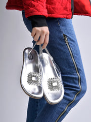 Shoetopia Embellished Silver Flat Sandals For Women & Girls