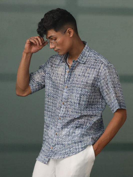 Men's Blue Cotton Ethnic Shirt