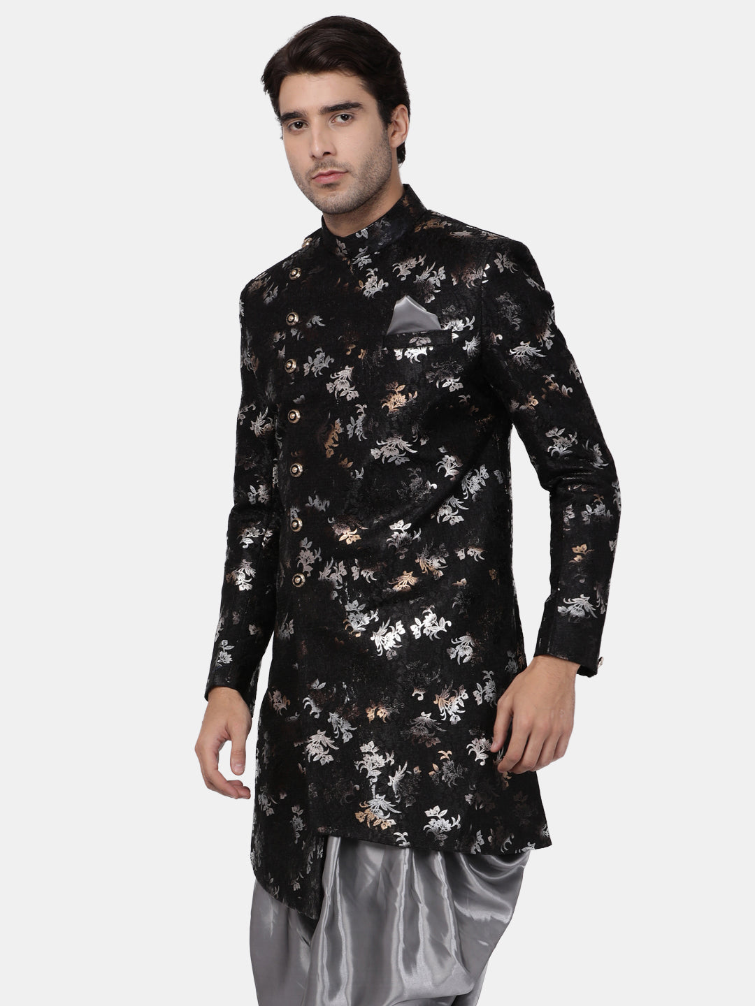 Men's Black Polyester Lurex Blend Sherwani Only Top