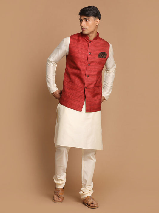 Men's Maroon And Cream Viscose Jacket, Kurta and Pyjama Set