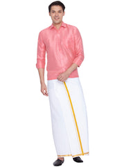 Men's Pink and White Silk Blend Shirt And Mundu