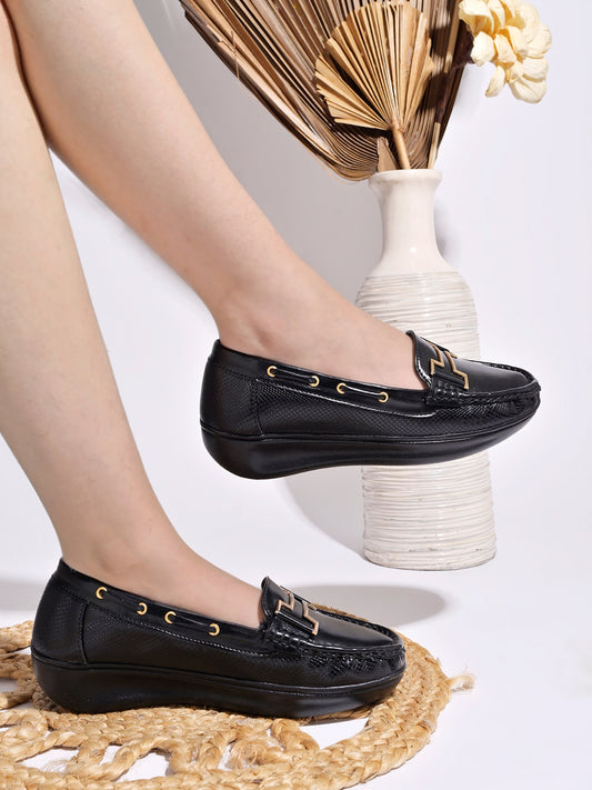 Shoetopia upper Buckle Detailed Black Loafers For Women & Gilrs