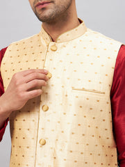 Men's Maroon And Rose Gold Silk Blend Jacket, Kurta and Pyjama Set