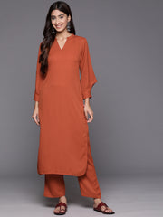 Women Rust Long  Sleeves With Smart Cut Cuff, Straight Kurta Paired With Tonal Solid Bottom