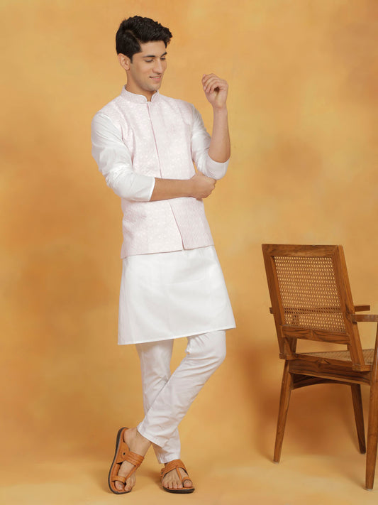 Men's White And Pink Cotton Silk Jacket, Kurta and Pyjama Set