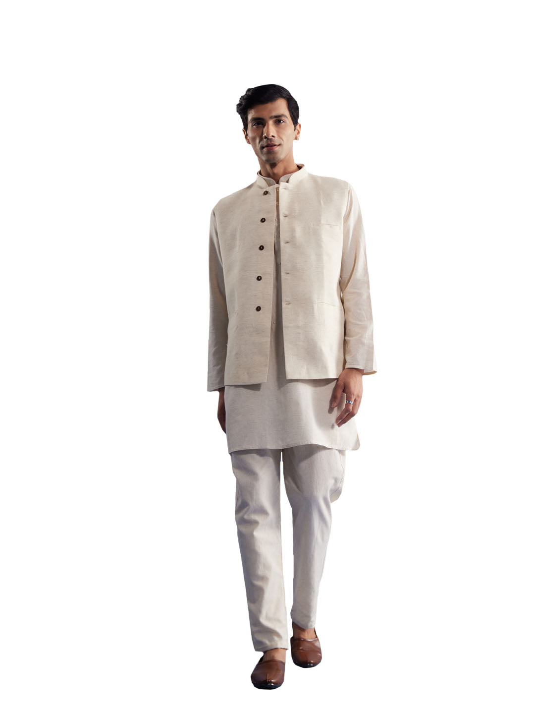 Men's Cream Cotton Jacket, Kurta and Pyjama Set