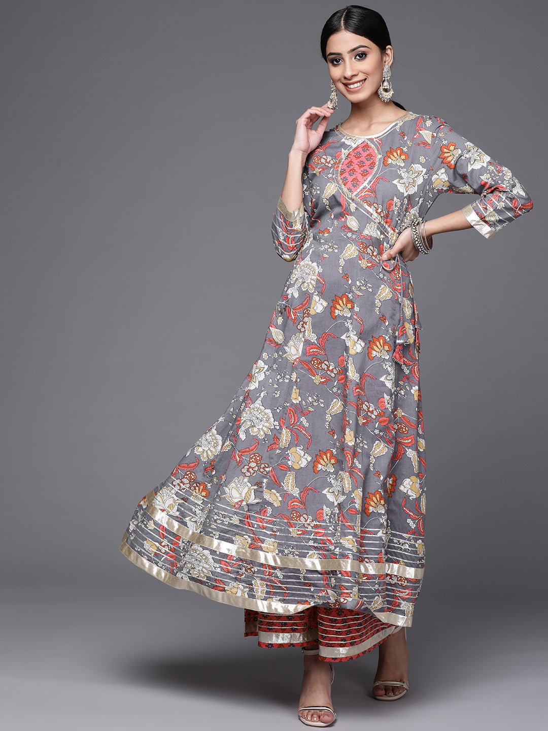 Grey Floral Printed Anarkali Kurta Sharara Set.