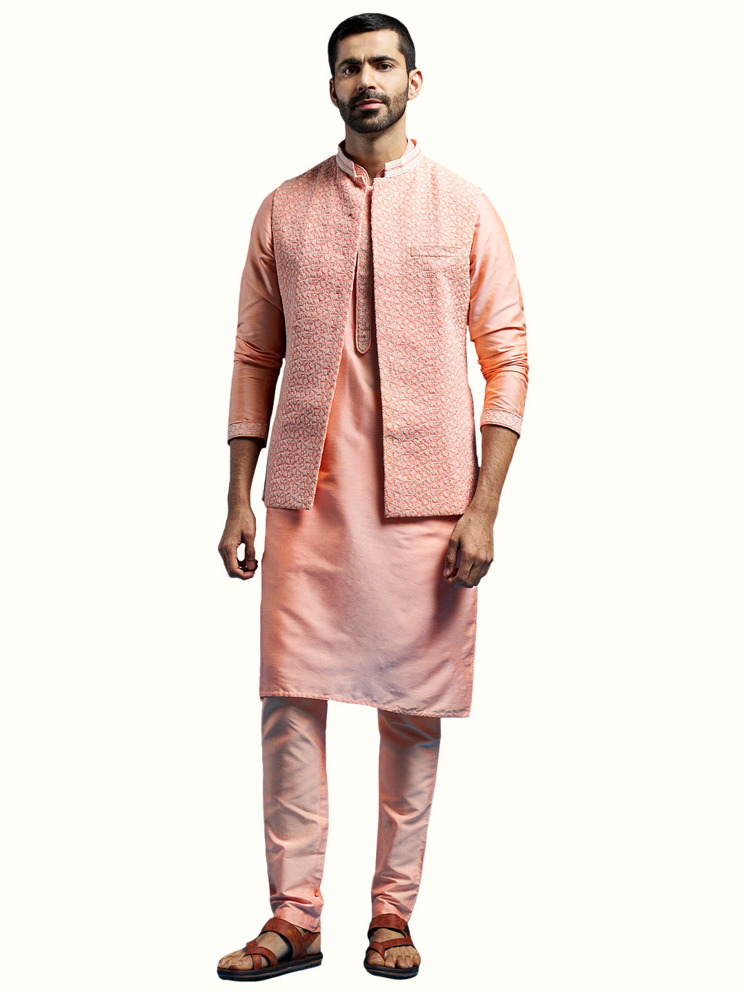 Men's Pink Viscose Jacket,Kurta And Pyjama Set.